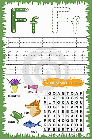 Educational worksheet for children learning the English alphabet. Handwriting and crossword puzzle game for memorizing words. Vector Illustration